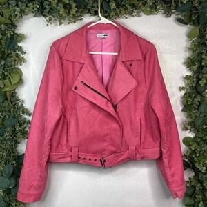 Fashion Nova Pink Faux Suede Moto Jacket Women's Medium Belted Biker Style